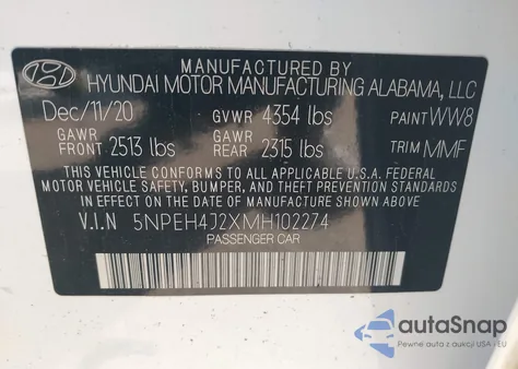 2021 Hyundai Sonata Limited z USA, uszkodzony, nr VIN 5NPEH4J2XMH102274